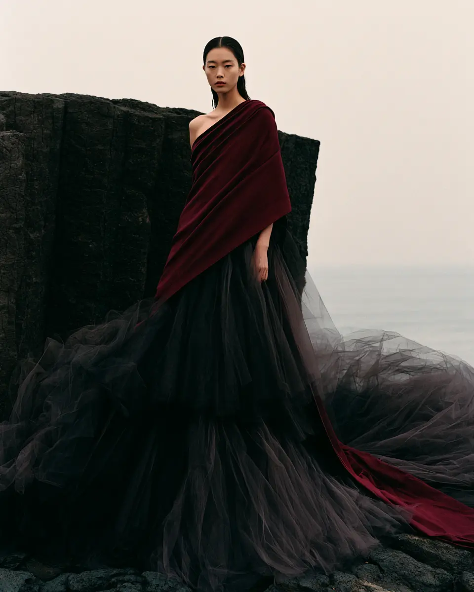 Full-length couture visual study in burgundy velvet and black tulle