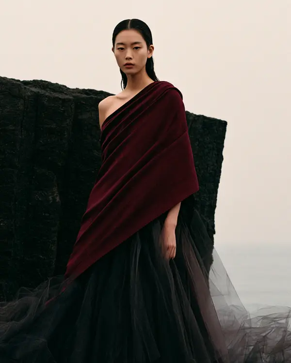Asymmetric burgundy velvet couture silhouette