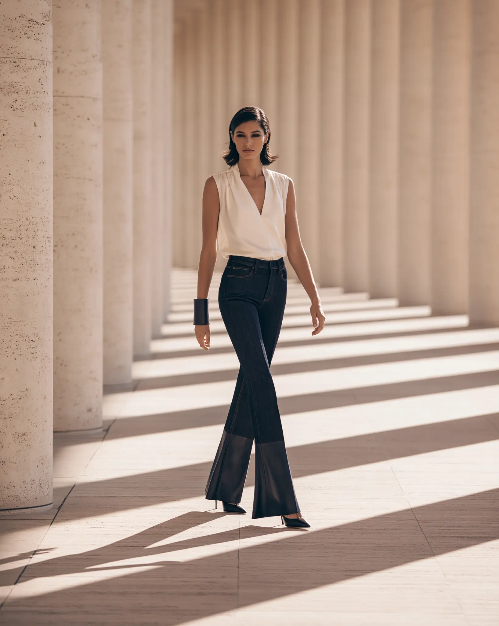 Full-length luxury denim look with controlled tonal leather flare panels