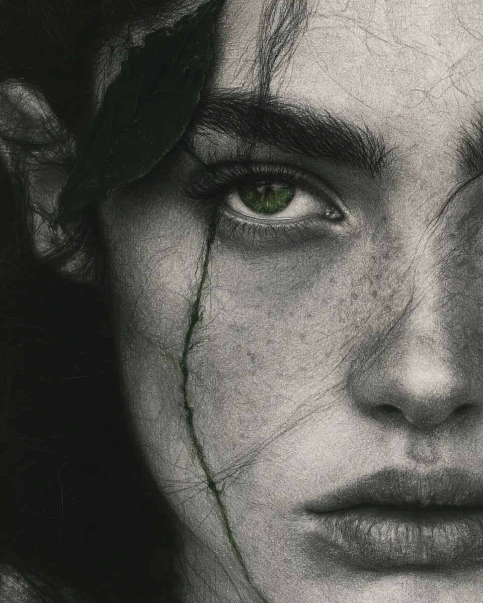 Monochrome portrait with a green eye and organic green line