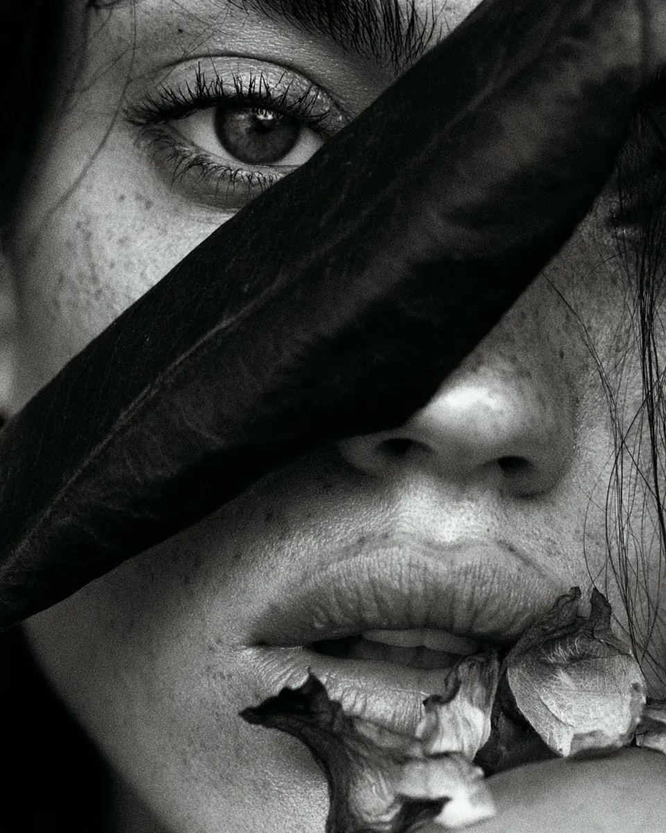 Monochrome portrait crossed by a dark leaf and dried petals