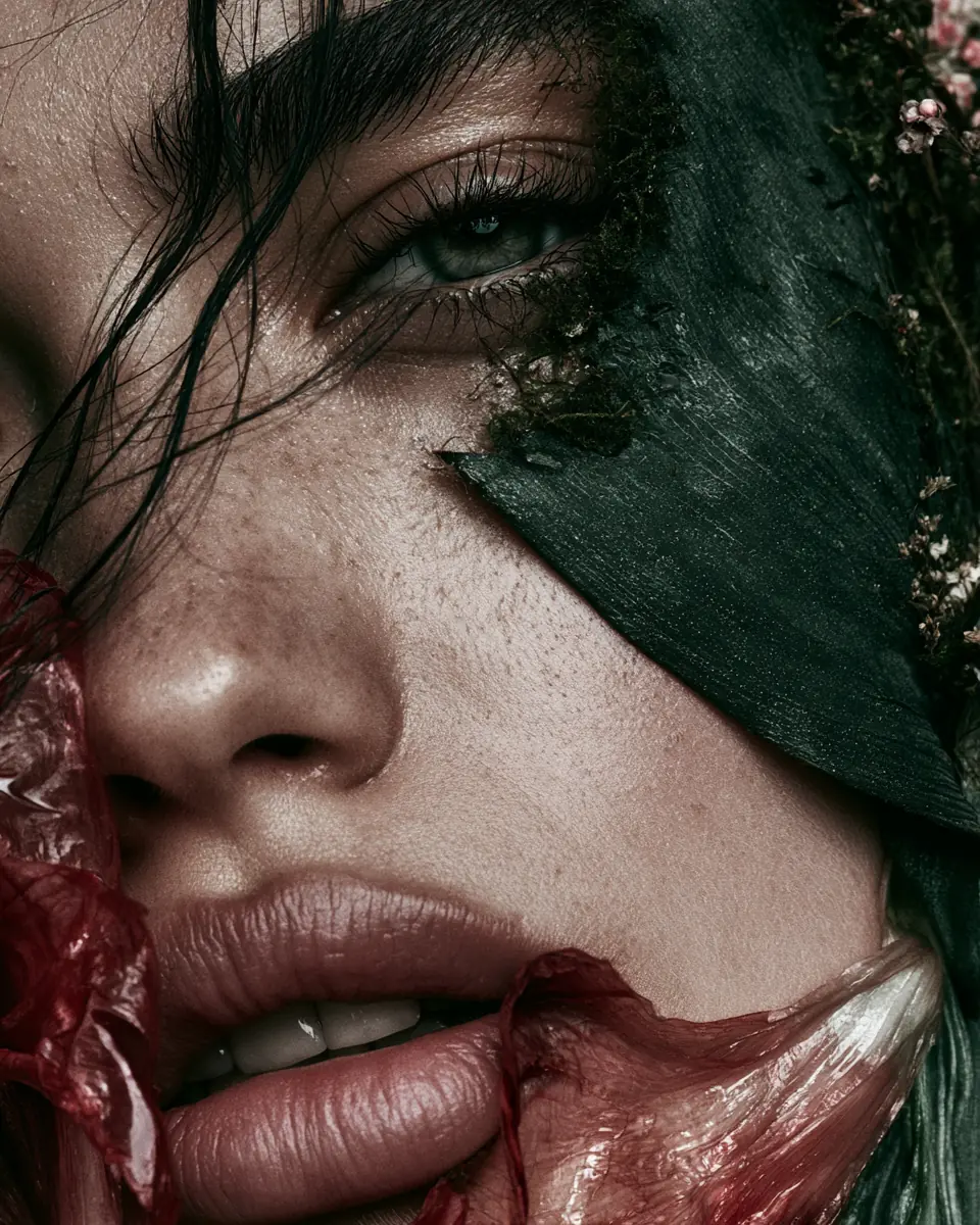 Portrait merging with dark leaf, moss and dried burgundy petals