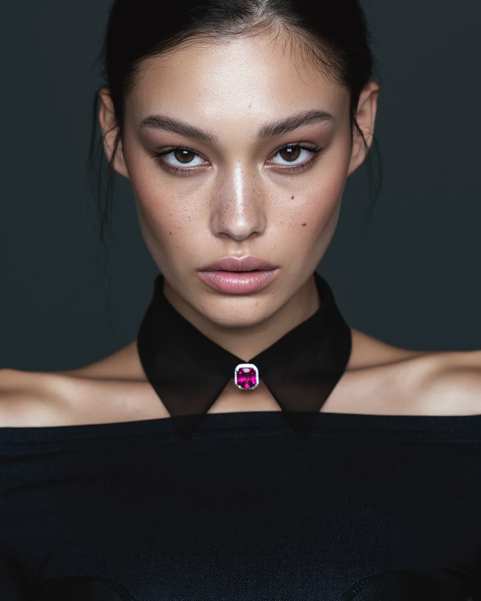 Close portrait of a detachable black organza collar with a raspberry gemstone clasp