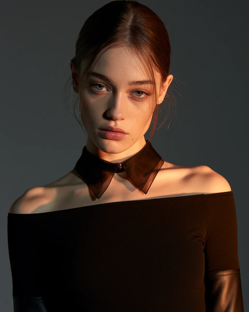 Translucent black organza collar with a small raspberry gemstone fastening